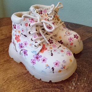 Baby Girl Floral Lace-Up Ankle Boots Floral White Toddler Booties